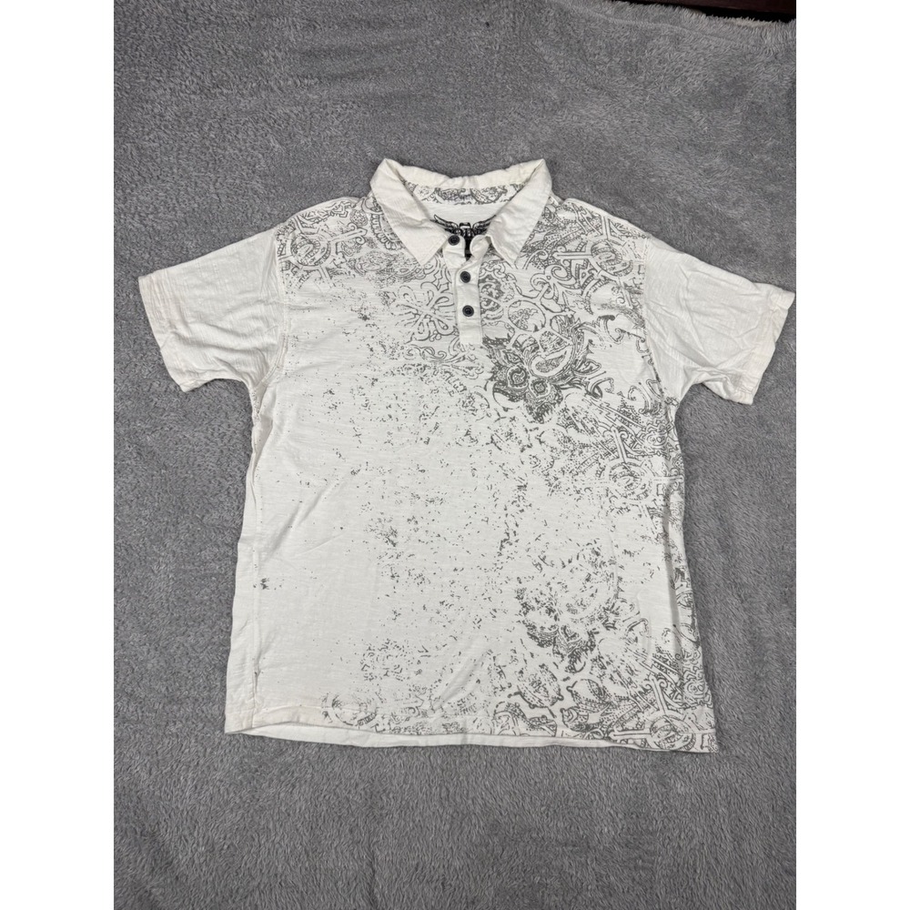 Point Zero Polo Shirt Mens Medium White Graphic Print Good Cotton Slub Gothic